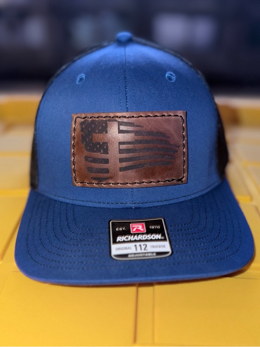 Blue Trucker Cap with Leather Flag Patch